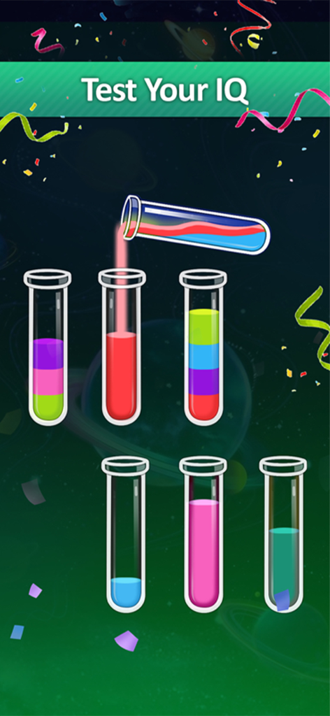 Water Sort Puzzle: Pour Color - Pantalla de juego de rompecabezas móvil donde se vierte agua de colores en tubos con un banner que dice Pon a Prueba tu CI