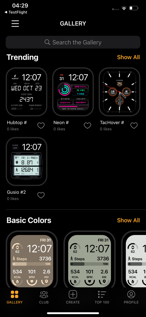 Uno screenshot dell'app Watch Faces Gallery che mostra i design di quadranti di tendenza per Apple Watch