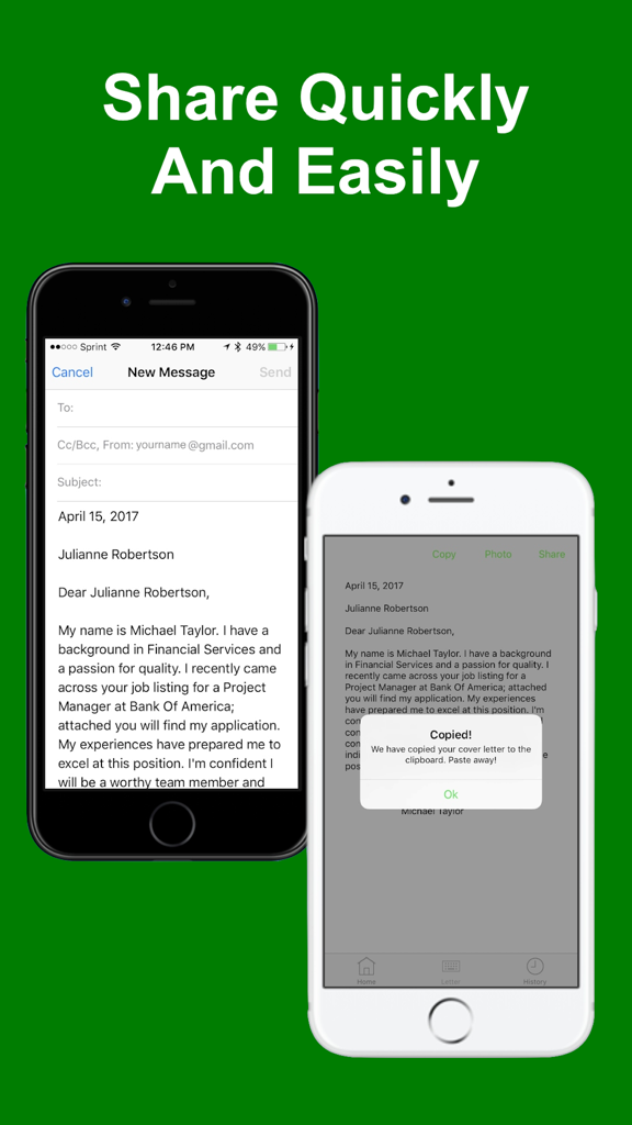 Due iPhone che mostrano l'interfaccia di condivisione rapida e copia negli appunti dell'app mobile Cover Letter plus.