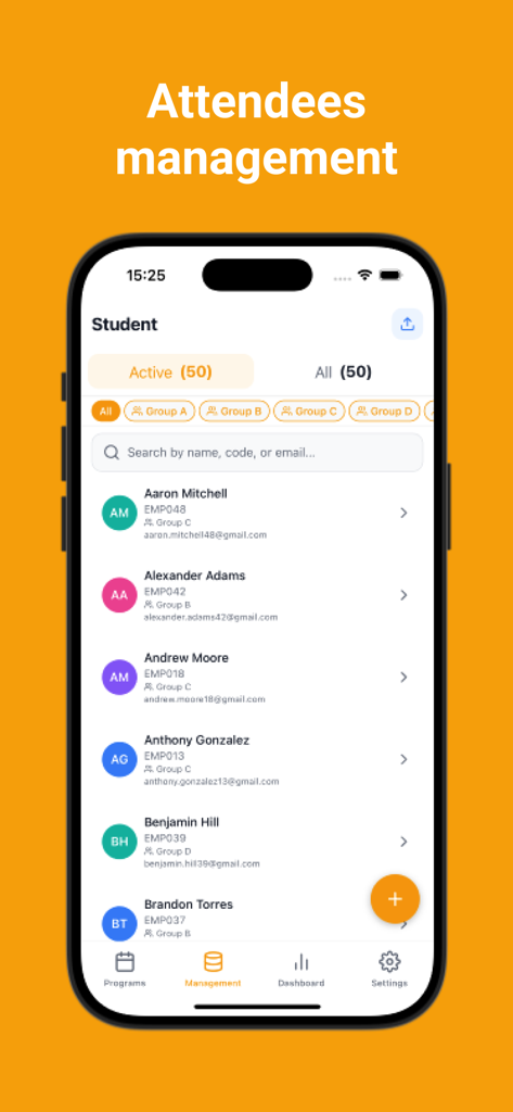 Attendance Tracker Offline - Interface for managing attendees in the Attendance Tracker Offline app featuring a student list and group filters