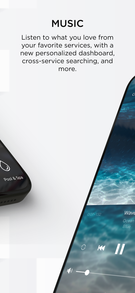 Savant - Savant Pro app interface showing music control and personalized dashboard on a smartphone