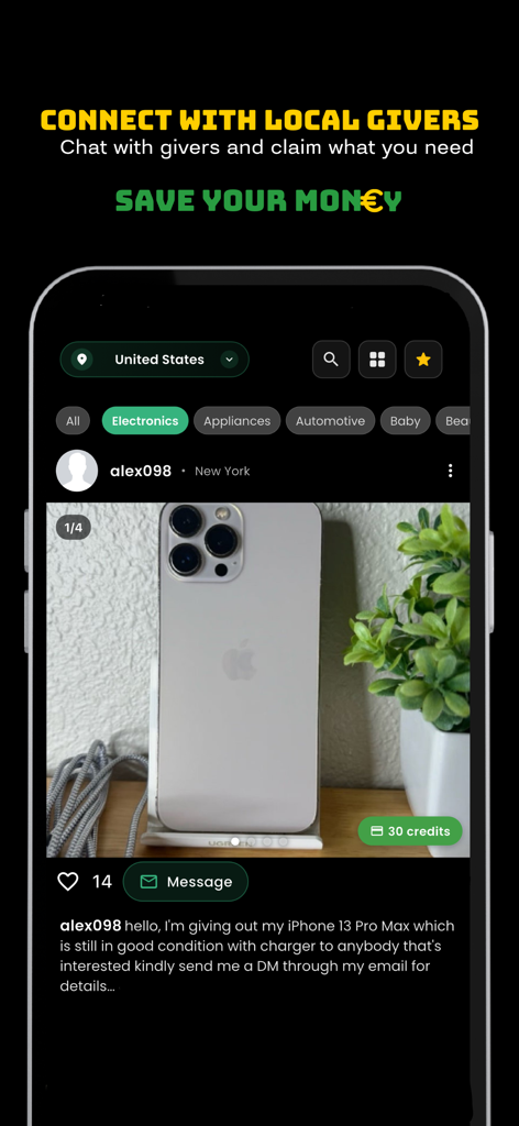 Freecycle - Freebie Alerts - Captura de pantalla de la aplicación Freecycle que muestra un anuncio local de un iPhone en la categoría de electrónicos con una opción de mensaje para conectarse con el donante.