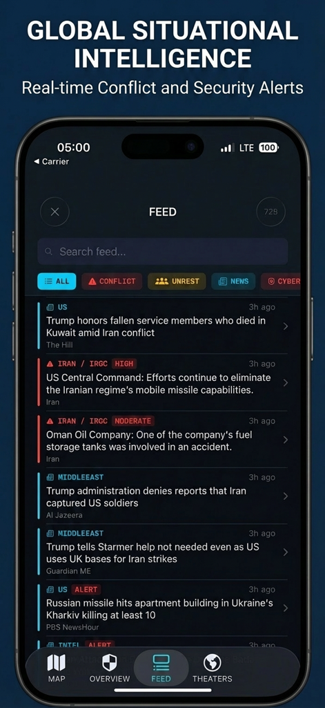 World Monitor Real-Time Intel® - World Monitor app screenshot showing the real-time global intelligence and conflict news feed