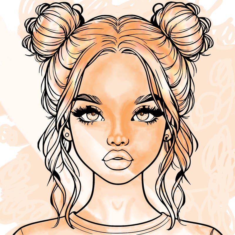 realistic girl with two buns in hair and lips