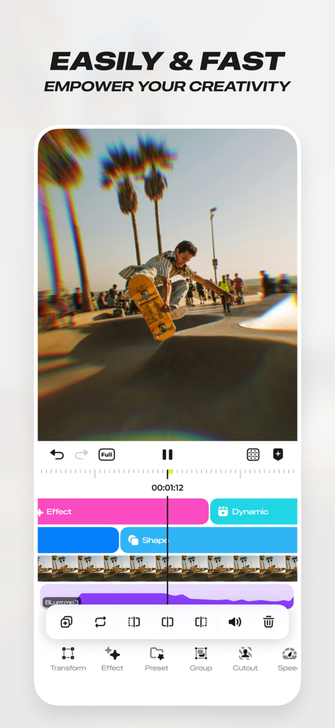 Interface do editor de videoclipes Blurrr mostrando um clipe de vídeo de skate com múltiplas camadas de edição e efeitos