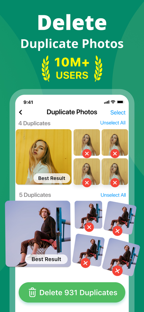 Phone CleanerㆍClean Up Storage - Captura de pantalla de la interfaz de la aplicación Phone Cleaner que muestra la detección de fotos duplicadas con una selección del Mejor Resultado y un botón para eliminar 931 duplicados.