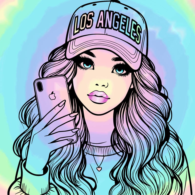 realistic beautiful girl wearing los ángeles cap holding an iphone