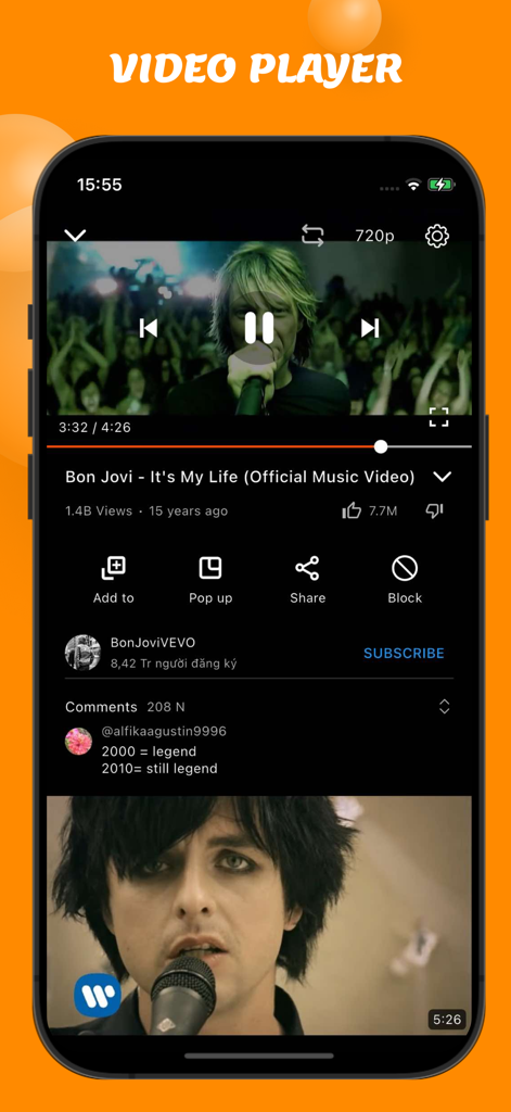 OneTube Musik- und Videoplayer-Oberfläche, die ein Musikvideo und Wiedergabesteuerungen auf einem iPhone zeigt.