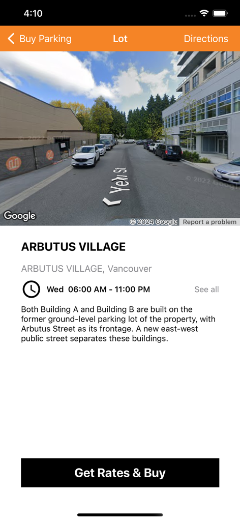 hangTag Canada: Park & Go - ストリートビューと駐車購入ボタンを含むバンクーバーのアービュータス・ビレッジの駐車場詳細を表示するモバイルアプリ画面。