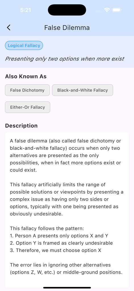 Detailed explanation of the False Dilemma logical fallacy on the Cognitive Clarity mobile app.