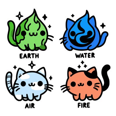4 cats that represent the different elements, earth, water, air, and fire
