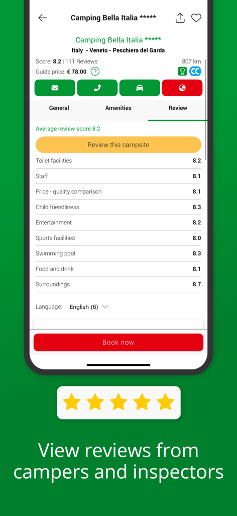 Detailed ratings and reviews for a European campsite in the ACSI app