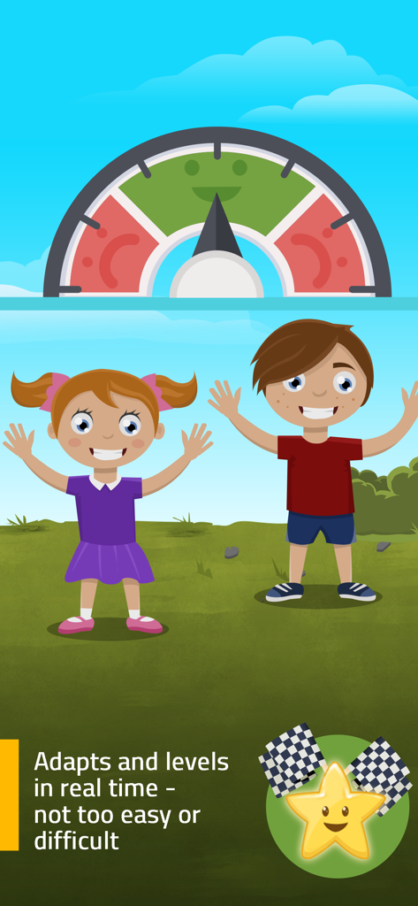 Zwei glückliche Kinder stehen unter einer Schwierigkeitsanzeige, die zeigt, wie sich die App in Echtzeit an das Niveau des Kindes anpasst.