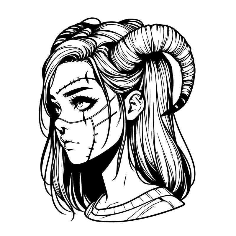 realistic girl with scar and horns