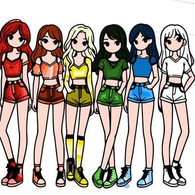 a group of girls wearing crop tops and shorts