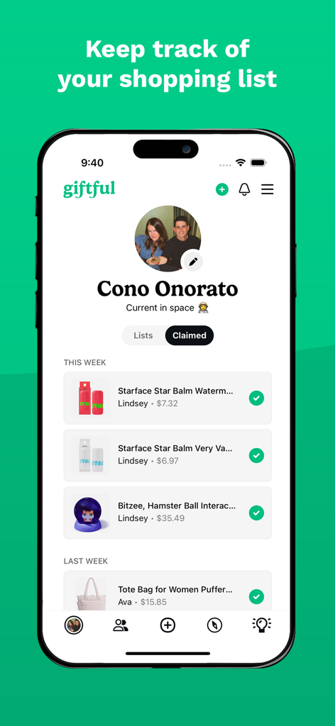 Giftful app screen displaying a list of claimed gifts with prices and recipient names