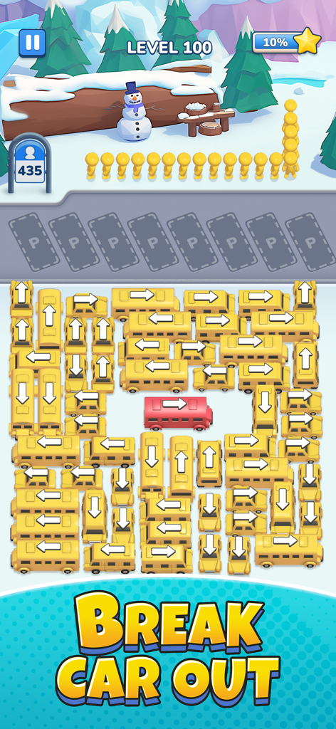 Bus Rush: Car Parking Games - 버스 러쉬 주차 게임의 겨울 테마 레벨로, 텍스트 'Break Car Out'이 포함된 복잡한 주차 퍼즐을 보여줍니다.