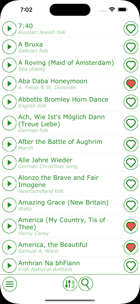 A list of traditional melodies and folk songs within the Clarinet Tabs app showing play buttons and favorite bookmarks.