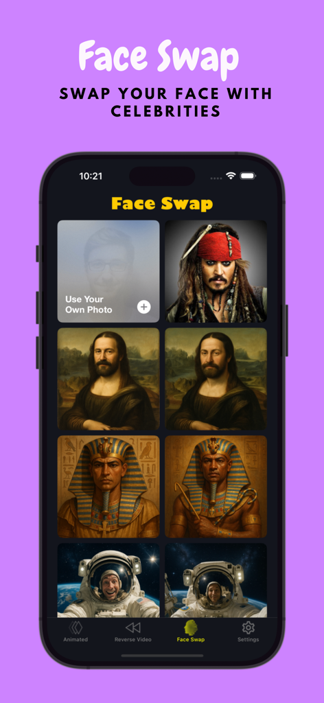 Interfaz de la función de cambio de rostro de la aplicación Live Photo Convert que muestra opciones para intercambiar caras con celebridades y figuras históricas como la Mona Lisa.