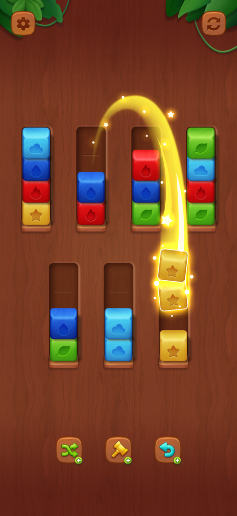 Wooden of Wonders: Blocksort - Colorful wooden blocks being sorted into slots in a mobile puzzle game with a natural wood background