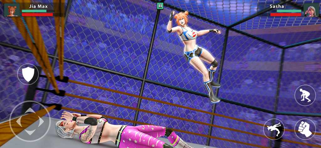 Wrestling Games : Pro Champion - Two female wrestlers Jia Max and Sasha competing in a cage match