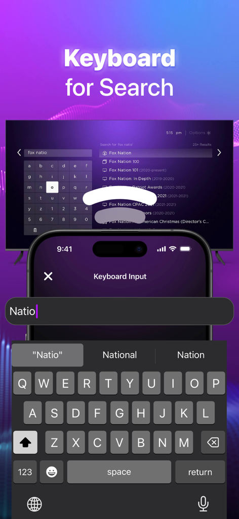 TV Remote Control Mirror Cast - iPhone keyboard interface for searching content on a Smart TV