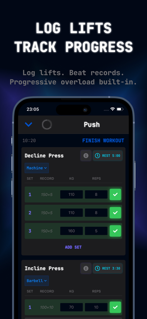 Ascend Gym Workout Tracker Log - Ascend Gym Workout Tracker interface showing sets and reps for a push workout.