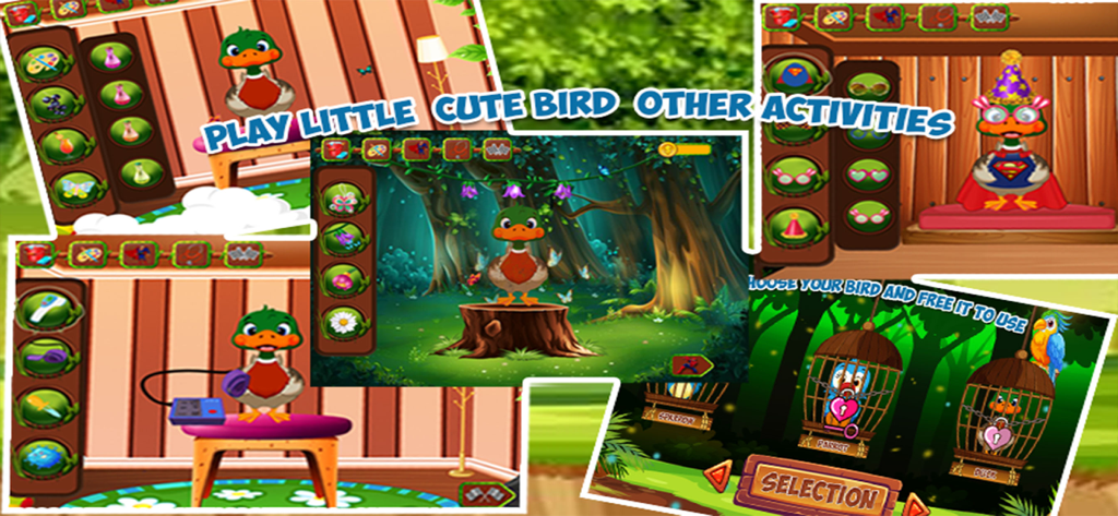 Superhero Bird VS Hunter - Collage of game screens showing bird cleaning, medical checkups, dress up, and rescue missions.