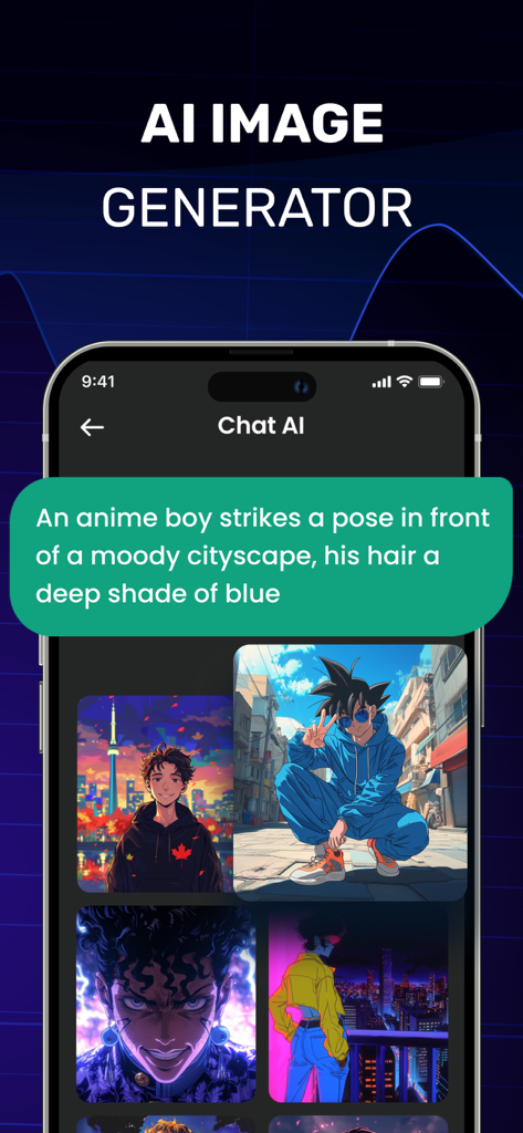 Chat AI - Ask Anything - Chat AI Mobile App-Oberfläche zur Generierung von Anime-Bildern aus Text-Prompts
