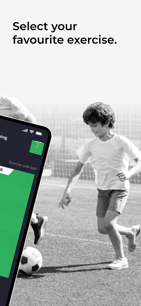 A young boy practicing soccer on a field with the Smart Timer Player app screen showing drill selection