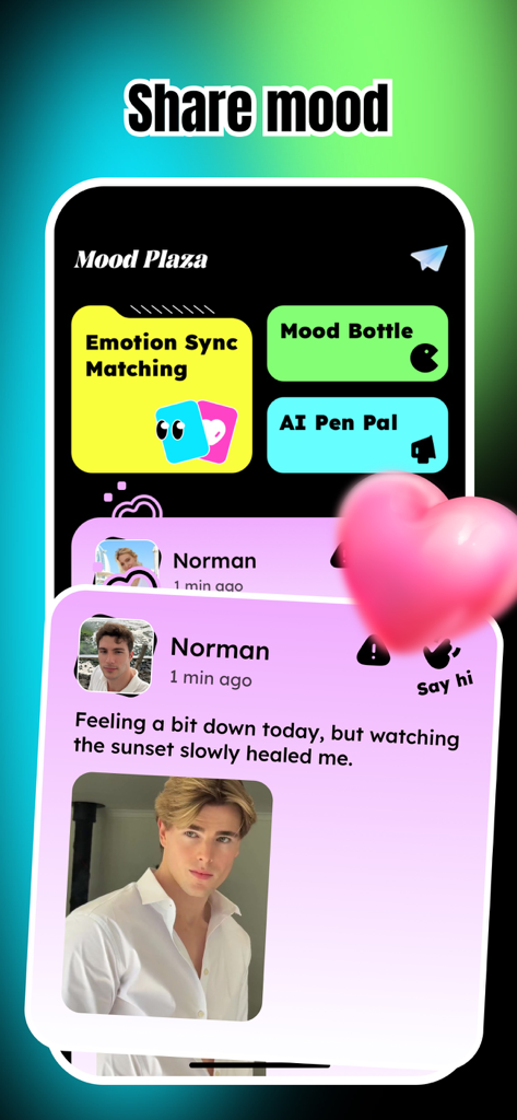 Himi - Adult Video Chat online - Interface of Himi app showing Mood Plaza feature with a user sharing their feelings and options for emotion matching