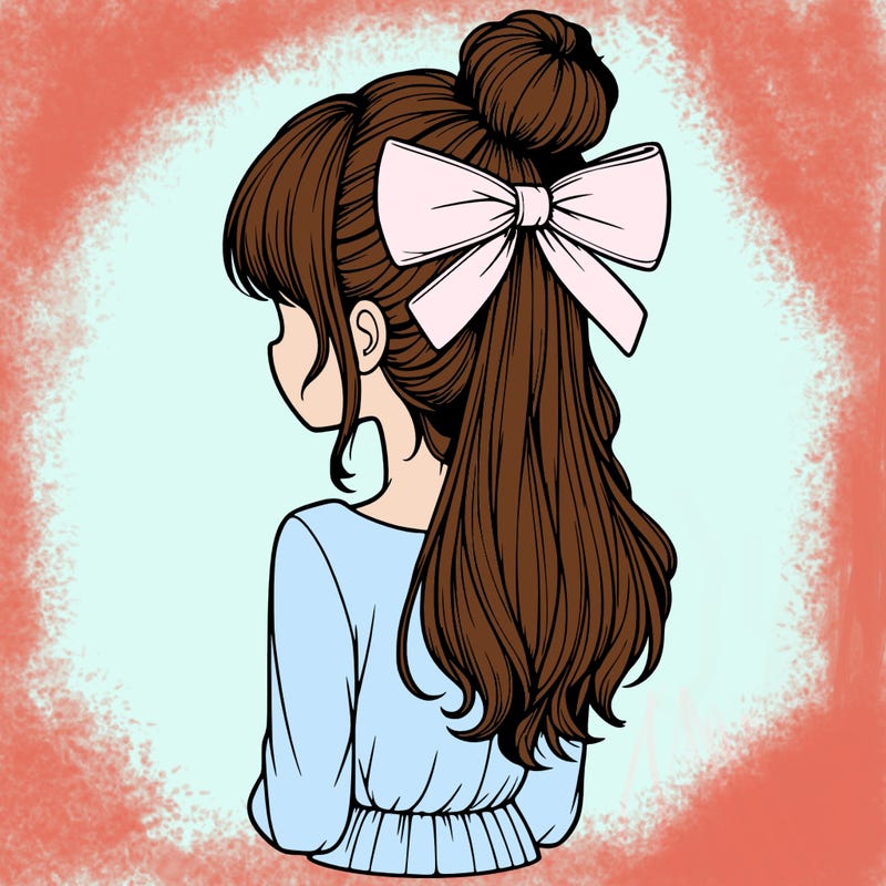 realistic girl  with hip length hair a bun and a big bow on the back of head