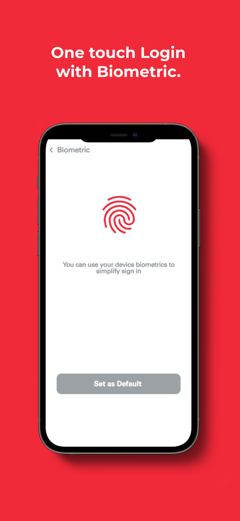 Tela de configuração de login biométrico do aplicativo móvel Bank One com um ícone de impressão digital e mensagem de login com um toque