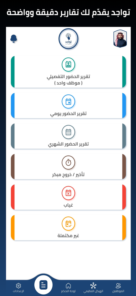 The reports dashboard of the Tawajud app featuring daily and monthly attendance tracking for workforce management.