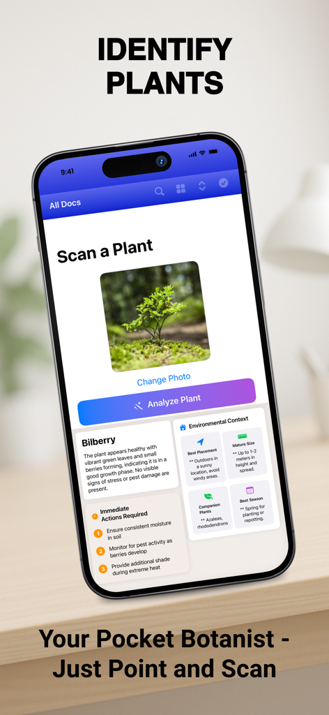 ProScan - Scanner To PDF - ProScanアプリ内の植物識別機能を示すスマートフォン画面。ビルベリーを識別し、成長と手入れの方法に関する情報を提供しています