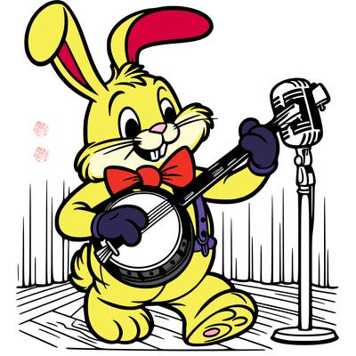 rabbit animatronic performing on stage with a bow tie and a banjo in his hand