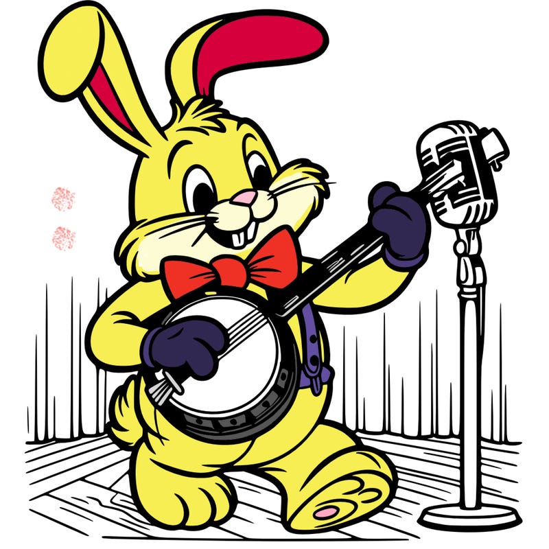 rabbit animatronic performing on stage with a bow tie and a banjo in his hand