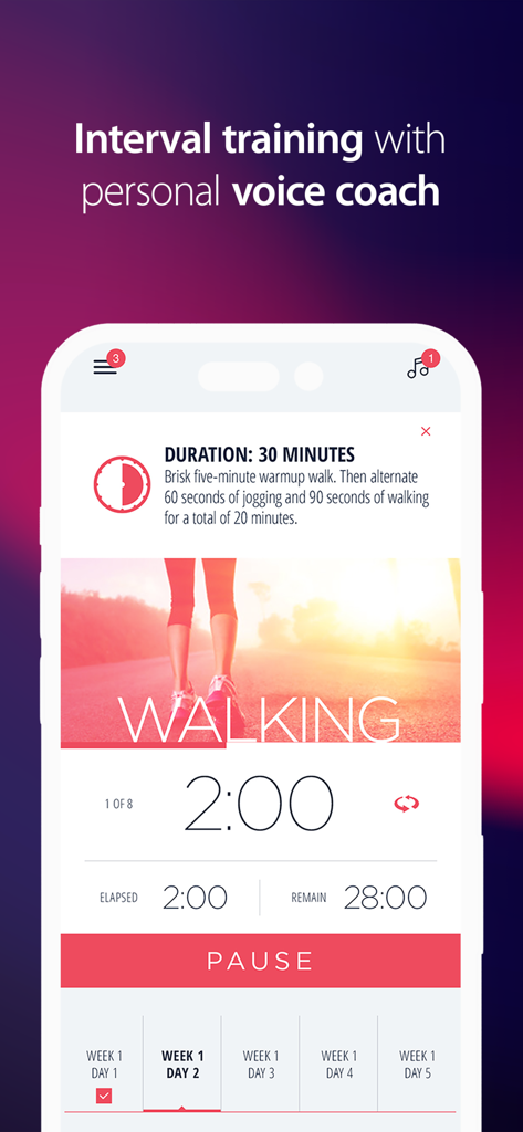 Interval training screen in the Half Marathon 13.1 Trainer app showing a walking timer and voice coach details.