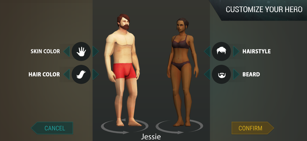 Last Day on Earth Survival의 캐릭터 커스터마이징 화면으로, 남성 및 여성 영웅 모델과 헤어 및 피부 옵션이 표시됨