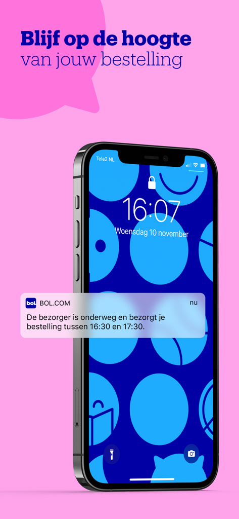 iPhone showing a push notification from the bol app with a delivery time update.