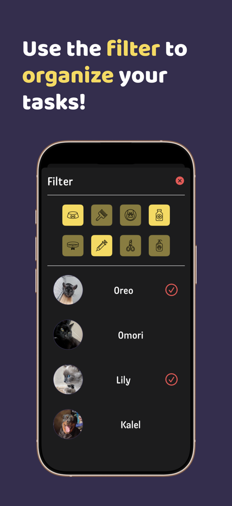 Aumigo - Pet Care & Routine - Interface do aplicativo Aumigo mostrando filtros de tarefas por ícones de categoria e perfis de pets individuais para organização