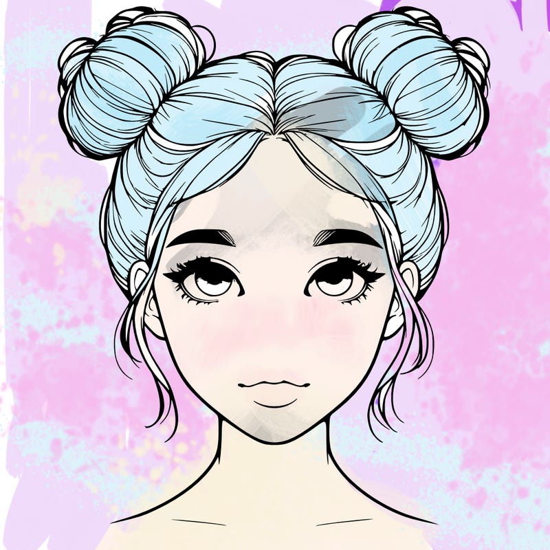 realistic girl with two buns on top of her head