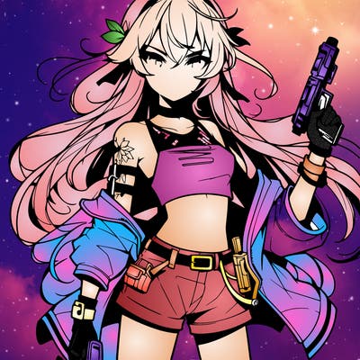 bad girl wearing crop top holding a gun long hair anime