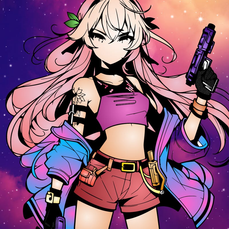 bad girl wearing crop top holding a gun long hair anime