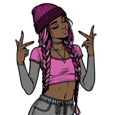realistic teenage girl with braids and a beanie and crop top doing 🫶🏼
