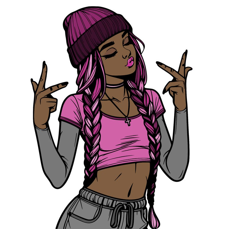 realistic teenage girl with braids and a beanie and crop top doing 🫶🏼