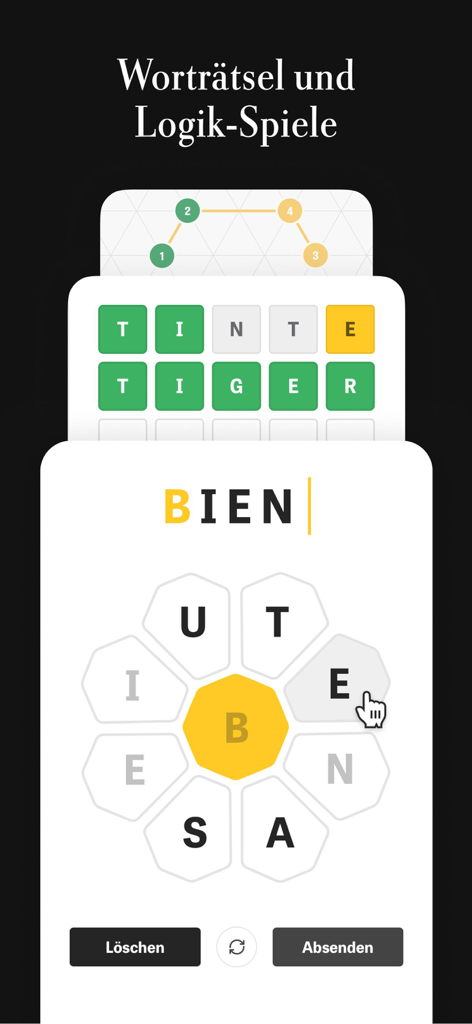 DIE ZEITアプリのインターフェースに、BuchstabieneやWortigerなどの様々なドイツ語の単語パズルや論理ゲームが表示されています。