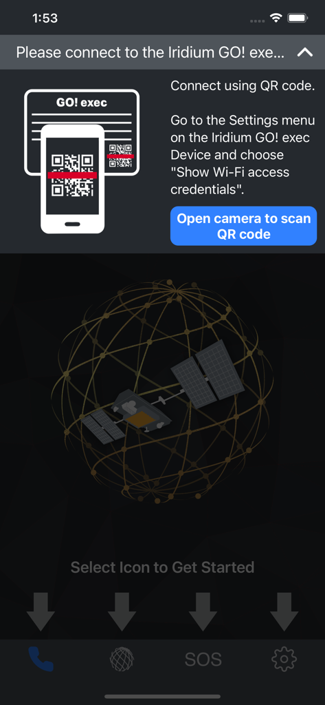 Iridium GO! exec - Iridium GO exec app screen with QR code connection instructions and satellite graphic