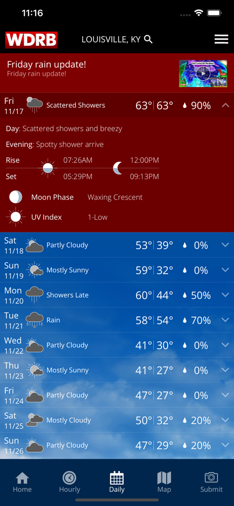 WDRB Weather app daily forecast screen for Louisville showing temperatures and precipitation chances.