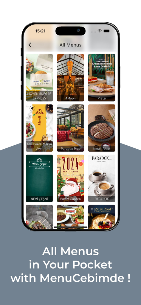MenuCebimde - Smartphone displaying a grid of various restaurant digital menus in the MenuCebimde app